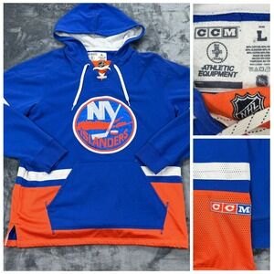 CCM New York Islanders NHL Lace Up Hoodie Blue Orange Mens Large Jersey Material